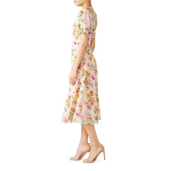 The Kooples Antique Florals Silk Puff Sleeve Slip Midi Dress - Picture 6 of 13
